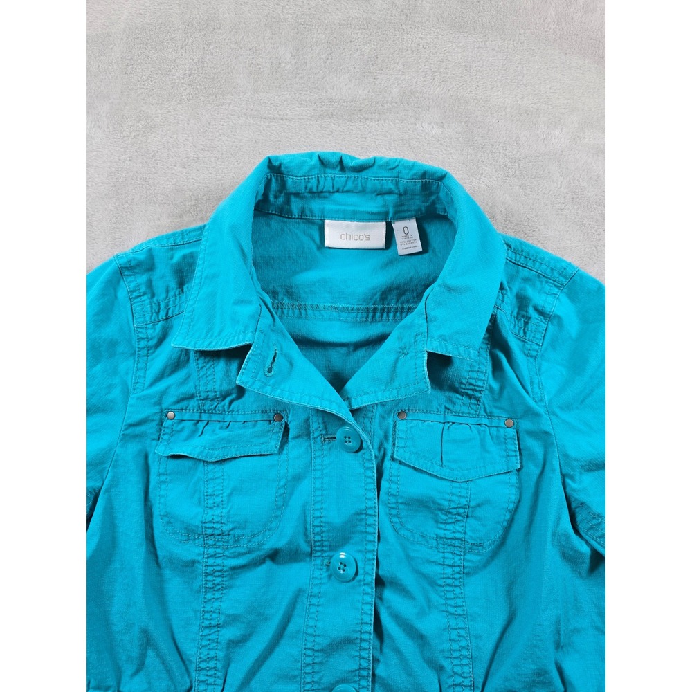 Chico's Top Shirt Blouse Womens Size 0 Blue Short Sleeve Collared Button Up